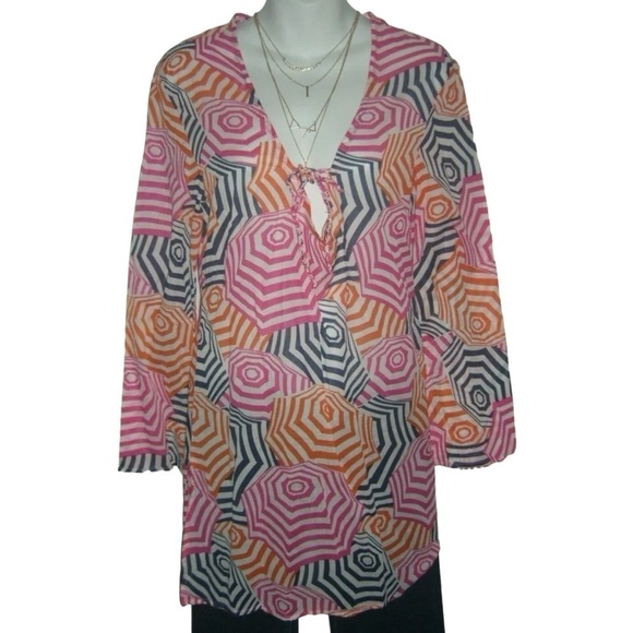 Mud Pie Cover Up Blouse Swim 60's Mod Orange Pink Boho Beach Bell Sleeves Sheer - Picture 9 of 9